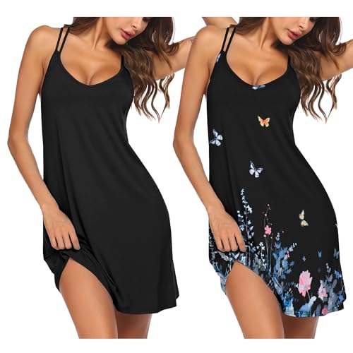 Ekouaer 2 Pack Nightgown for Womens V Neck Nightshirt Racerback Sleeveless Sleepwear Soft Night Shirts Lightweight Pajama Dress (Clearance)
