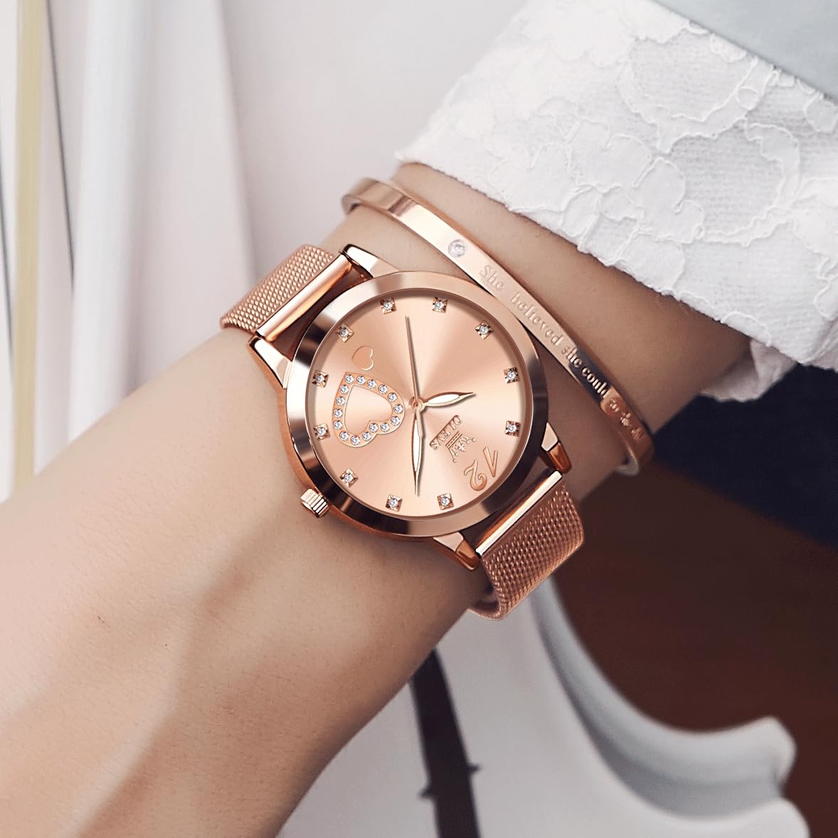 OLEVS Women's Small Wrist Rose Gold Tone Watch - Cute Diamond Heart Arabic Numerals Dial, Fashion Waterproof Mesh Bracelet Analog Dress for Ladies