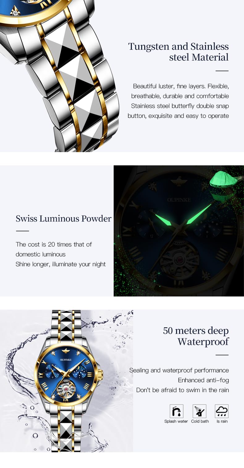 OUPINKE Women Automatic Watches Luxury Diamond Flywheel Two-Tone Stainless Tungsten Steel Band Moon Phase 24 Hours