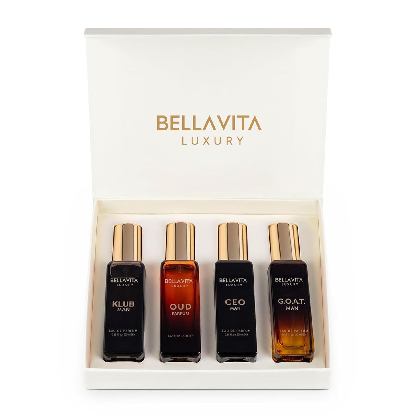 BellaVita Luxury Men's Perfume Gift Set with CEO Man, G.O.A.T., KLUB & OUD | 4 x 20ml (80ml) | Long Lasting Perfume for Men | Citrus, Woody, Patchouli & Caramel Notes | Gift for Father's Day
