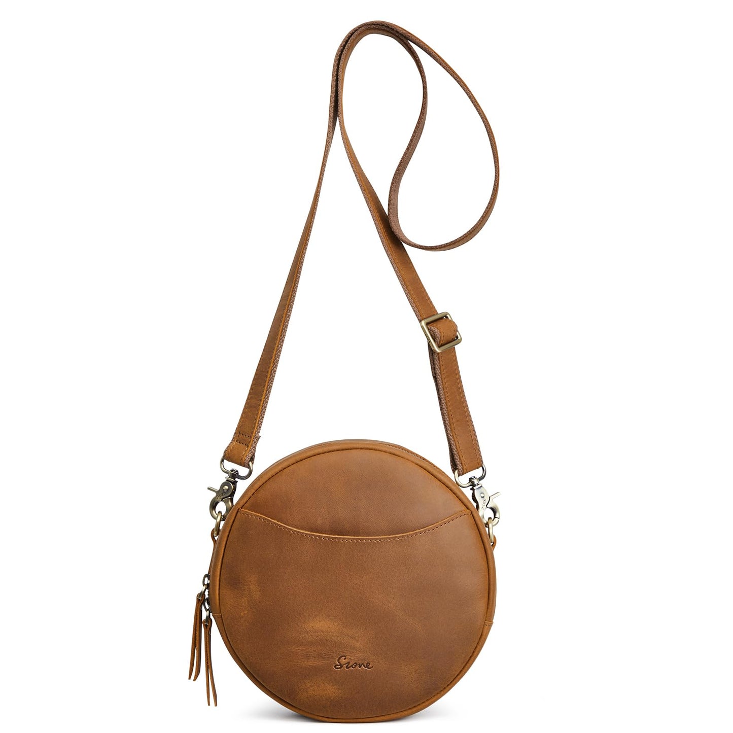 S-ZONE Leather Crossbody Bags for Women Circle Shoulder Round Purse Travel | Top Grain Leather, Keychain, Designer Handbag, Vintage, Multi Pockets, Detachable Strap, Eveyday Outing