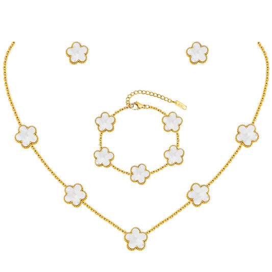 Gold Necklaces Bracelets Earring Set - 18K Gold Plated Flower Bracelet Chain,Stainless Steel Non Tarnish Floral Pendant Stud Jewelry Sets,Christmas Birthday Lucky Gift for Mom Wife Daughter Girlfriend