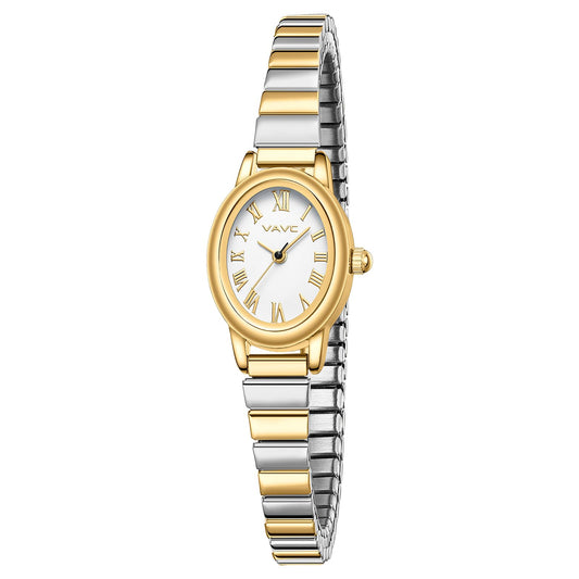 Small Gold Watches for Women,Analog Womens Watch with Stainless Steel Expansion Band,Oval Case Roman Dial,Water Resistant