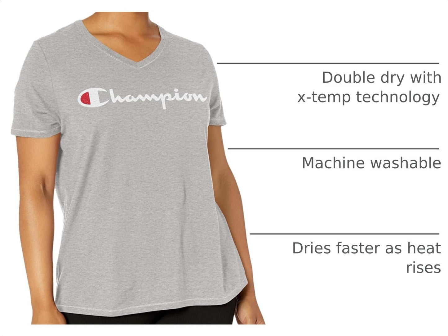 Champion Women's Plus Size Double Dry Cotton V-Neck Tee, Oxford Gray, 2X