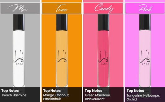 Equivalence Yara's 4 Pieces Set Eau De Parfum Spray for Women edition travel Size BUNDLE 0.34 Ounce Moi +Tous + Candy +Pink, LARGE BOTTLES NOT INCLUDED It is only a reference