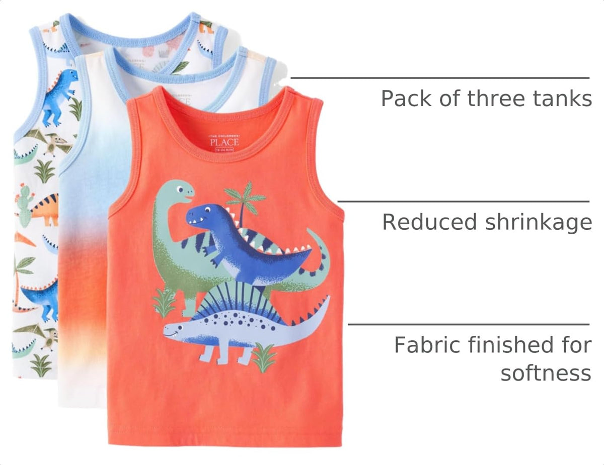 The Children's Place,Baby Boys,and Toddler Assorted Tank Top,Green Dinos 3-Pack,4 Years
