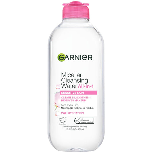 Garnier Micellar Cleansing Water, All-in-1 Makeup Remover and Facial Cleanser, For All Skin Types, 3.4 Fl Oz (100mL), 1 Count (Packaging May Vary)