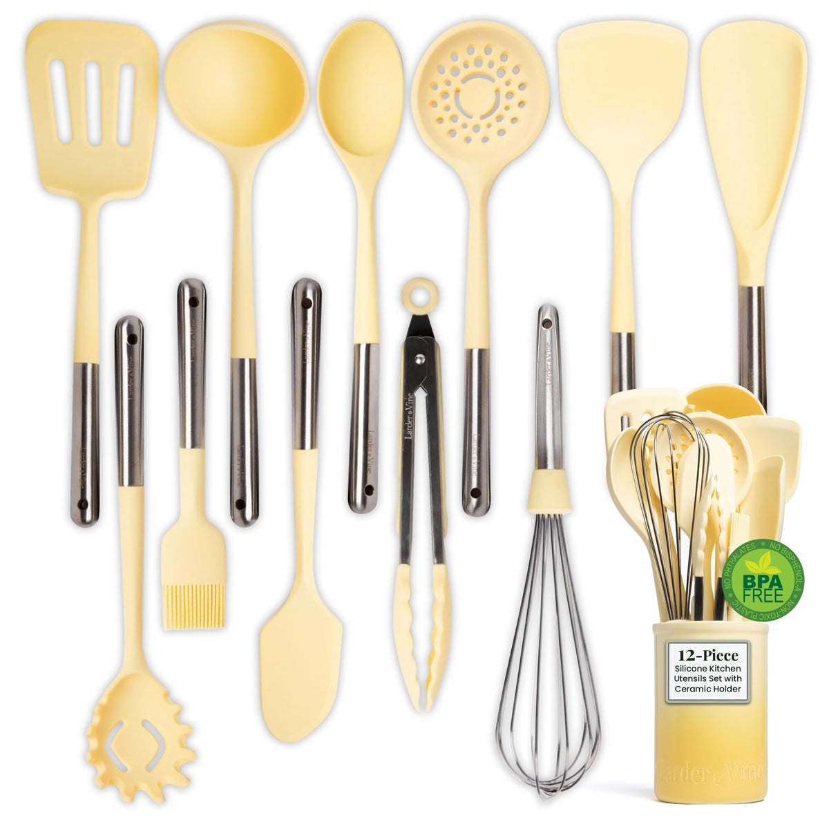 12pc Silicone Kitchen Utensils with Stainless Steel handles and Ceramic holder
