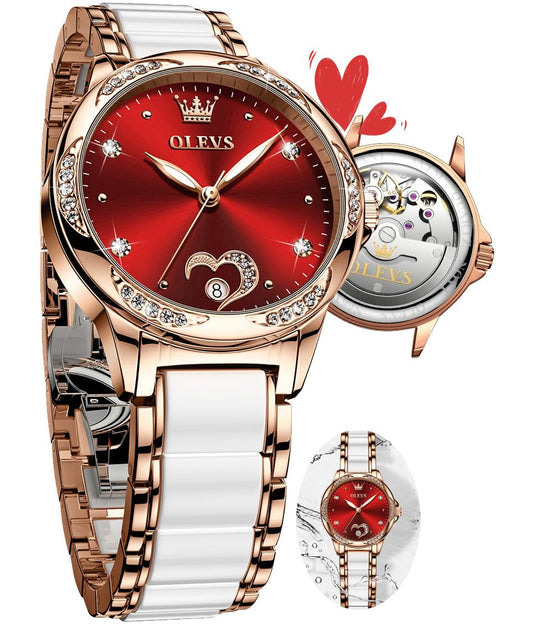 OLEVS Automatic Womens Watches Large Face Ceramic Self Winding Dress Watch for Women Diamond Waterproof Two Tone Stainless Steel Fashion Fashion Premium Bracelet No Battery Ladies Watches