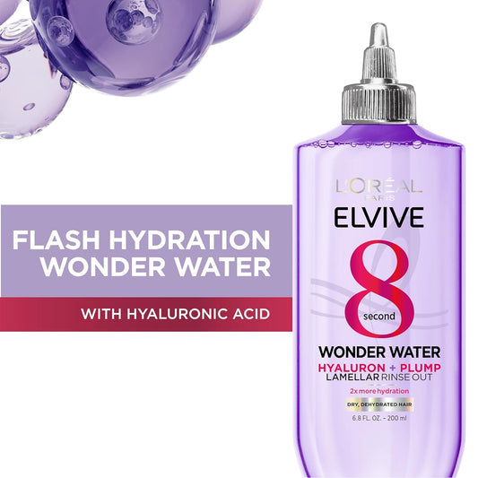 L'Oreal Paris Elvive Hyaluron Plump Flash Hydration Wonder Water Hair Rinse, 8 Second Hydrating Hair Care Treatment for Soft, Shiny Hair, 6.8 Fl Oz