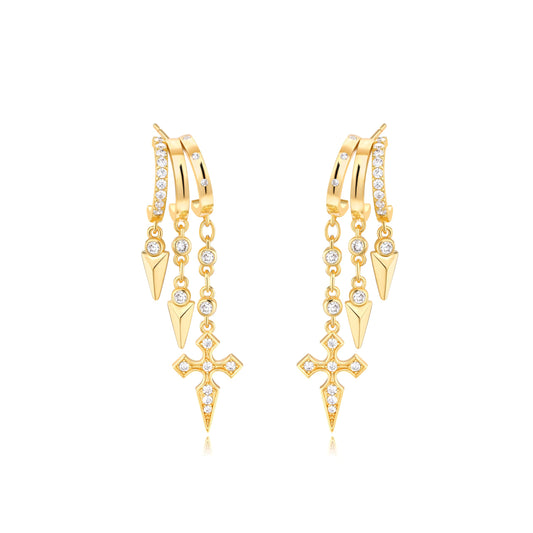 Gold Dangle Earrings for Women, 14k Gold Plated Stacked Triple Hoop Illusion Earrings Cubic Zirconia Huggie Earrings for Women Trendy
