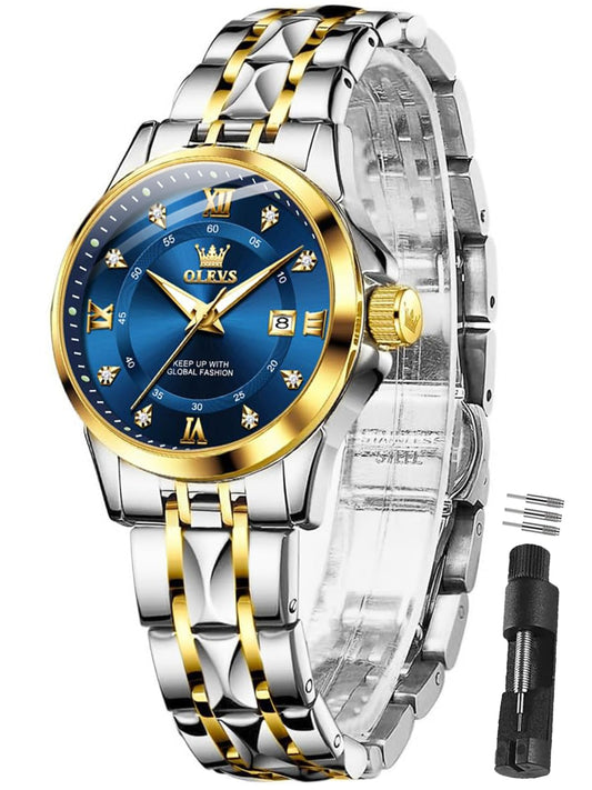 OLEVS Watch Women Two Tone Watches for Women with Date Dress Womens Watches for Small Wrists Luxury Easy Read Womens Watch Waterproof Blue/Black/Gold/Silver Dial Reloj para Mujer