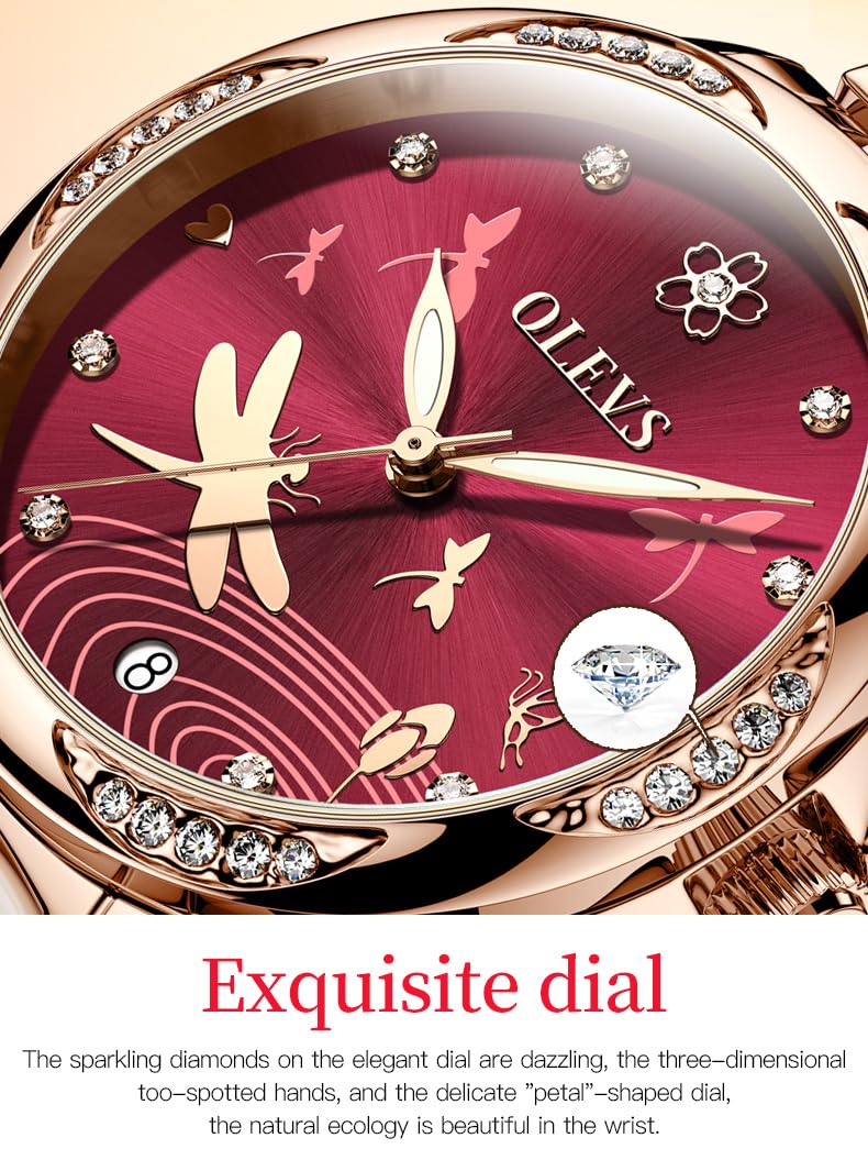 OLEVS Watches for Women Automatic Mechanical Self Winding Rose Gold Ladies Watch Diamond Dress Ceramic Bracelet Waterproof Female Wrist Watch