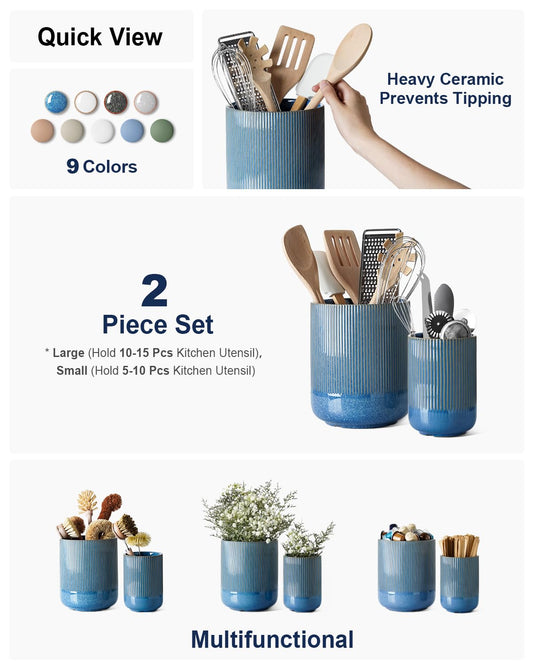 LE TAUCI Utensil Holder, 7.3"+5.4" Ceramic Cooking Tool Crocks for Countertop, Large Utensil Organizer for Kitchen Counter, Morden Kitchen Decor for Spatula and Flatware, Set of 2