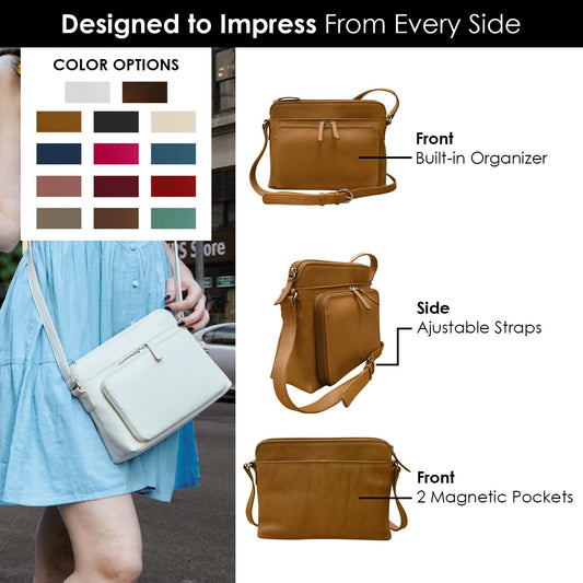 ili New York Genuine Leather Crossbody Bags with RFID Protection & Adjustable Straps - Antique Saddle & Black