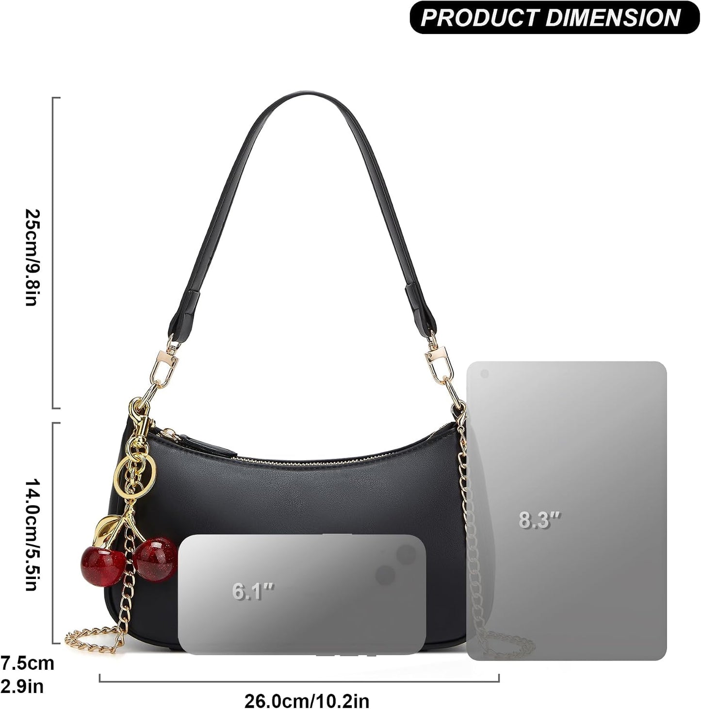 Black Shoulder Bag for Women Cute Hobo Cherry Purse Retro Clutch Underarm Handbag with Removable Straps