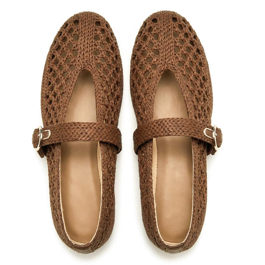 Woven Ballet Flats Women Mesh Raffia Flats Round Toe Mary Janes Comfortable Ballerina Flat Shoes