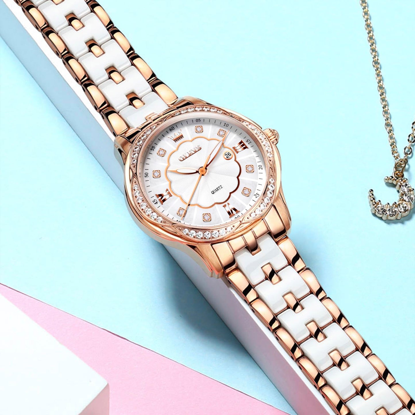 OLEVS Women's Watch Ceramic Band Waterproof Dress Watch Analog Quartz Watches Elegant Luxury Comfortable Wrist Watches with Date Day & Diamond White/Pink/Black Dial Gift for Her Reloj para Mujer