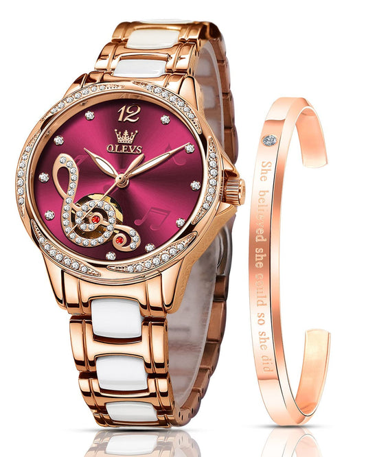 OLEVS Watches for Women Automatic Mechanical Self Winding Rose Gold Ladies Watch Diamond Dress Ceramic Bracelet Waterproof Female Wrist Watch