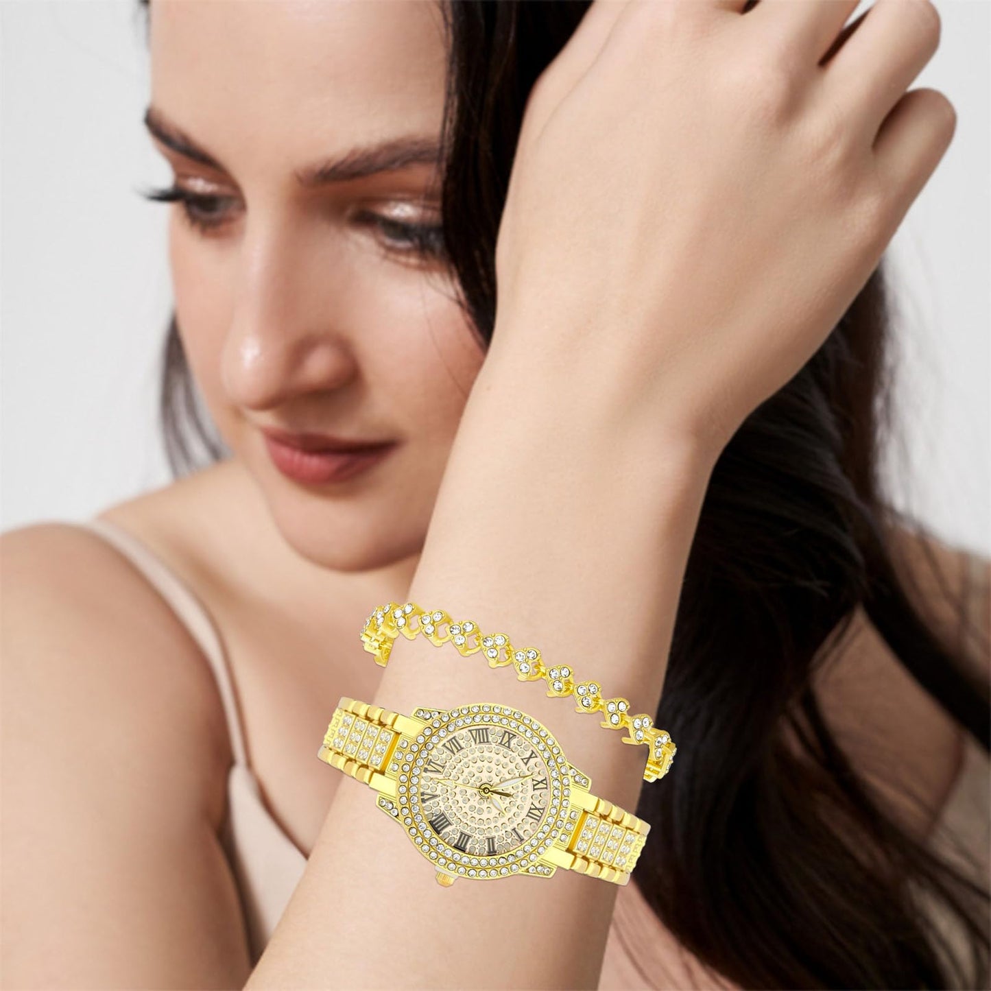 NEWITIN 2 Pieces Women Diamond Watch Bracelet Set Luxury Fashion Jewelry Cubic Zirconia Wristwatch Bracelet Gold Watch Jewelry Set for Women