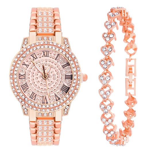 NEWITIN 2 Pieces Women Diamond Watch Bracelet Set Luxury Fashion Jewelry Cubic Zirconia Wristwatch Bracelet Gold Watch Jewelry Set for Women