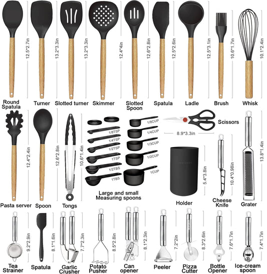 Cooking Utensils Set- 35 PCs Kitchen Utensils with Grater,Tongs, Spoon Spatula &Turner Made of Heat Resistant Food Grade Silicone and Wooden Handles Kitchen Gadgets Tools Set for Cookware