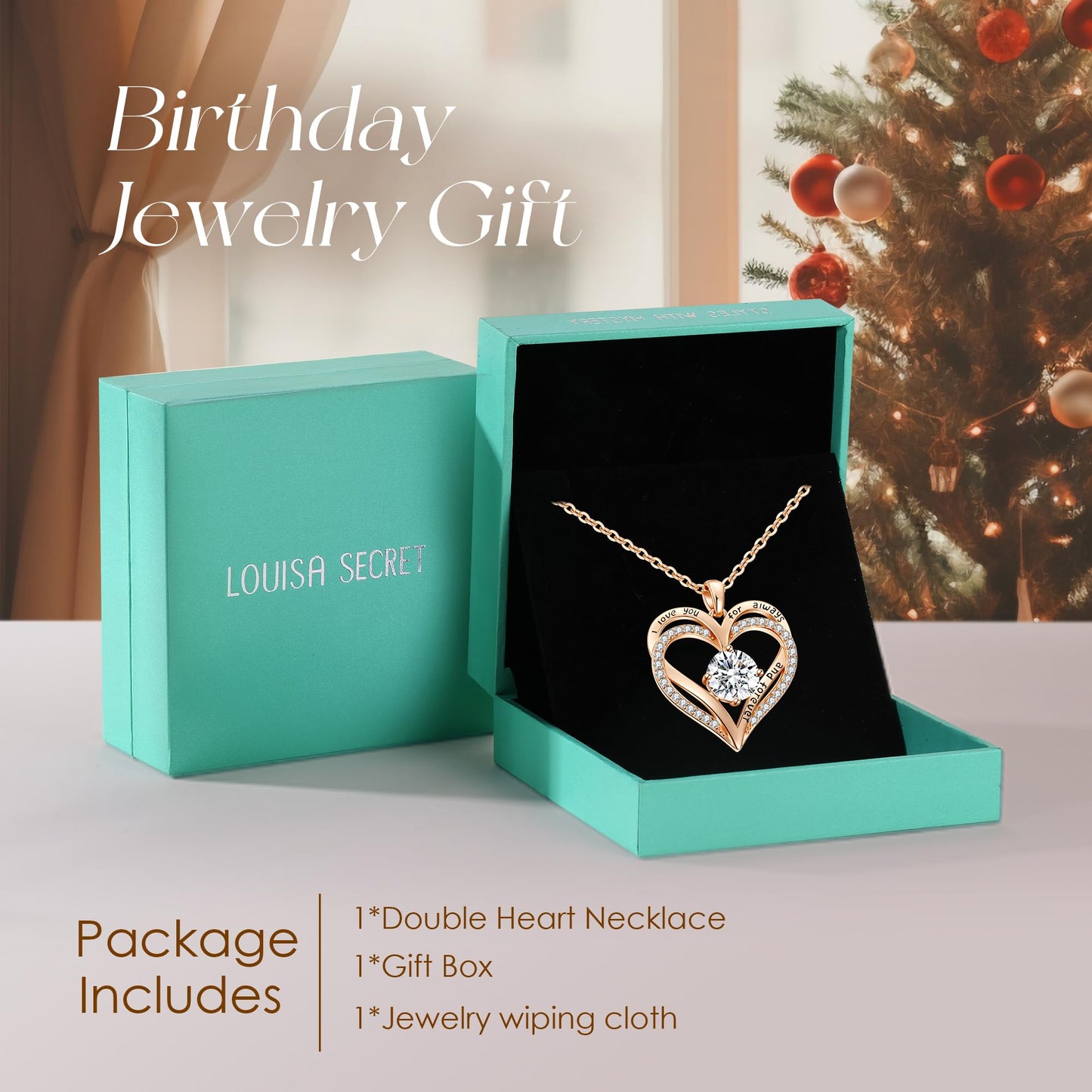 LOUISA SECRET Double Love Heart Birthstone Necklaces for Women, Birthday Gift for Girlfriend, Anniversary Jewelry Gift for Her, 925 Sterling Silver Jewelry Christmas Anniversary Birthday Present Gifts for Wife Girlfriend Mom Grandma Daughter