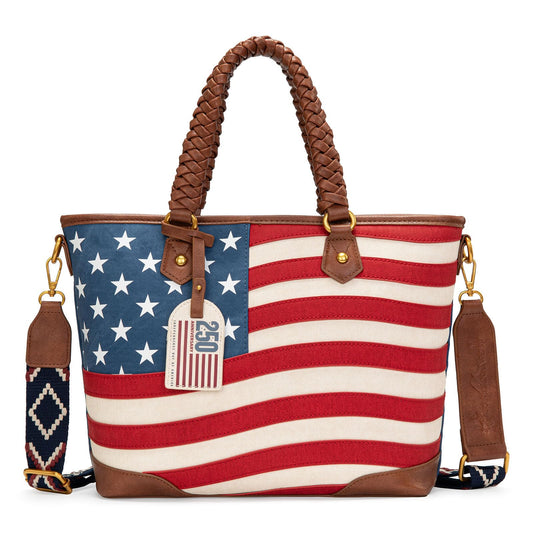 Montana West American Flag Tote Bag for Women Vintage Patriotic Western Shoulder Purse with Braided Top Handles