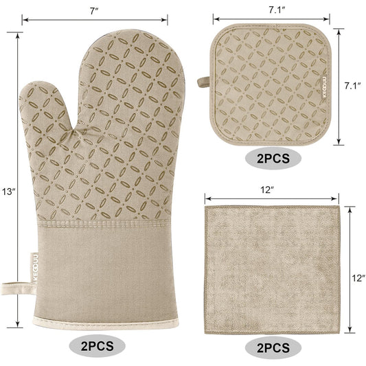 KEGOUU Oven Mitts and Pot Holders 6pcs Set, Kitchen Oven Glove High Heat Resistant 500 Degree Extra Long Oven Mitts and Potholder with Non-Slip Silicone Surface for Cooking (Gray)