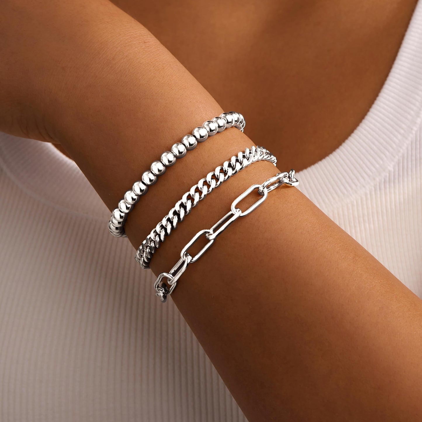 Gokeey Gold Bracelets Set for Women Non Tarnish, Waterproof 14K Gold Plated Sterling Silver Chunky Cuff Bracelet Stackable Gold Bangles Bracelet for Women Trendy Fashion Accessories Tie Knot Cuban Rope Paperclip Beaded Bracelet Stack Jewelry Mothers Day G