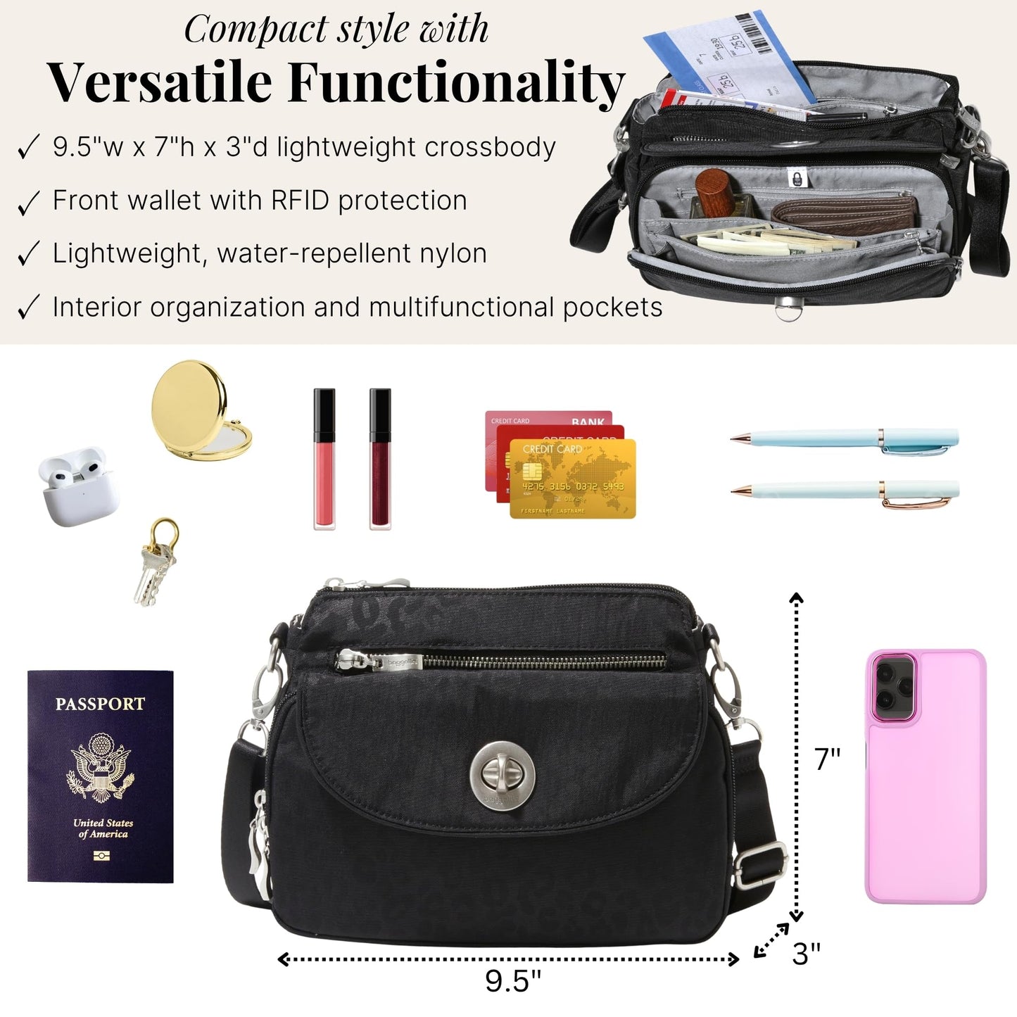 Baggallini Calais Crossbody Bags for Women 10x7 Lightweight Water-Resistant Travel Purse, RFID & Interior Organization