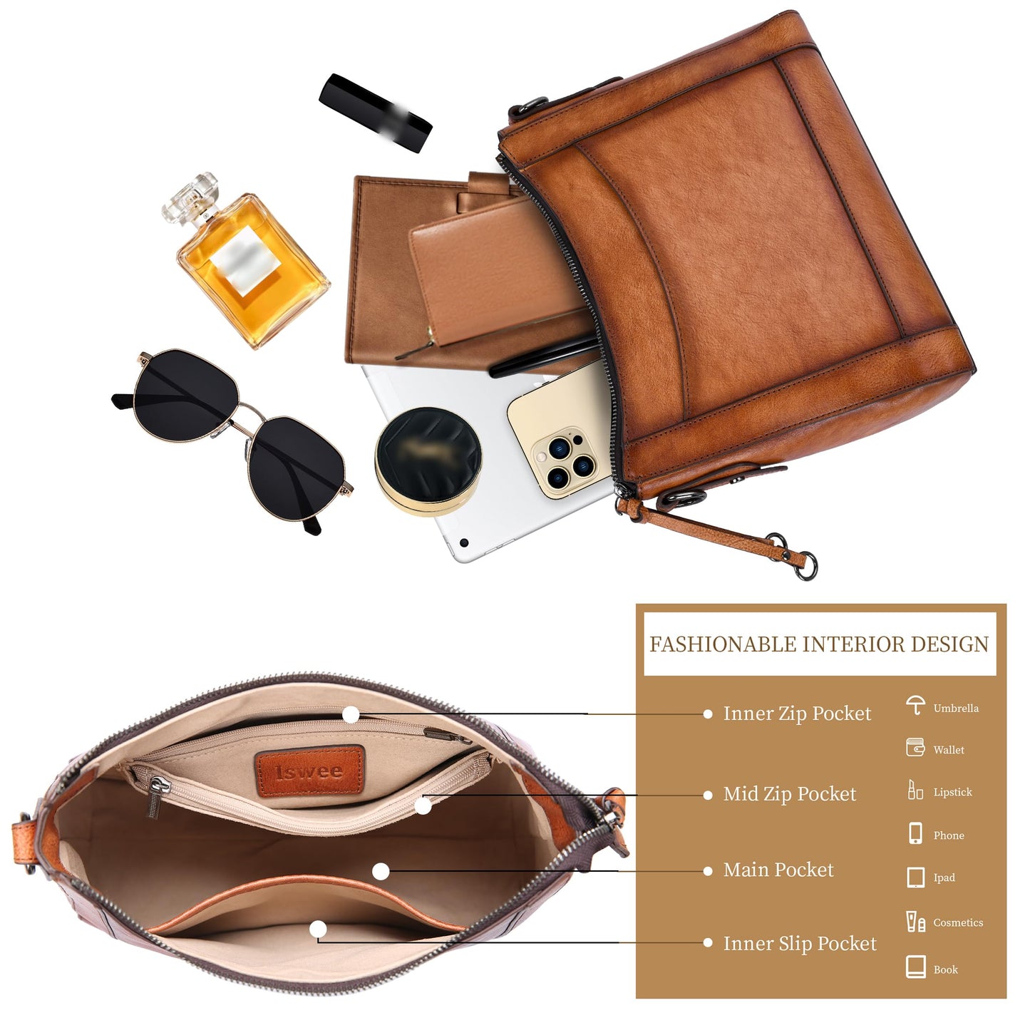 Iswee Leather Crossbody Bags for Women Shoulder Purse Medium Hobo Genuine Leather Satchel Purses and Handbags