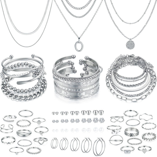Jewelry 68 Pcs Gold Jewelry Set for Women with 7 Necklace, 17 Bracelet, 5 Hoop Earrings, 15 Stud Earrings, 24 Knuckle Rings for Women Jewelry Set for Women Gift