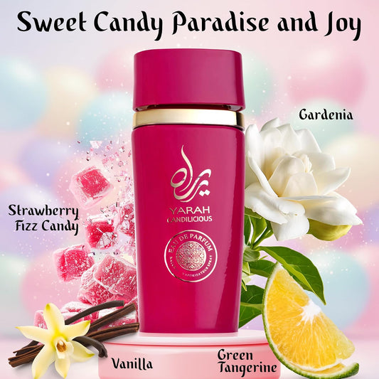 SAADAH Yarah Candilicious Eau De Parfum for Women 4.0 Fl.oz, 120ml Fruity Floral Gourmand Perfume, Sweet Strawberry Vanilla Cotton Candy, Gardenia Amber Musk, Long Lasting Luxury Fragrance