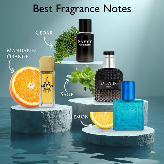 Signature Scent 4-Piece Mini Fragrance Set for Men Includes Savvy/1 Billion/Verse/Valentine Collection of Woody, Spicy, Citrus & Aromatic Fragrance Non-Irritating Ingredient Each One in 30ml Bottle
