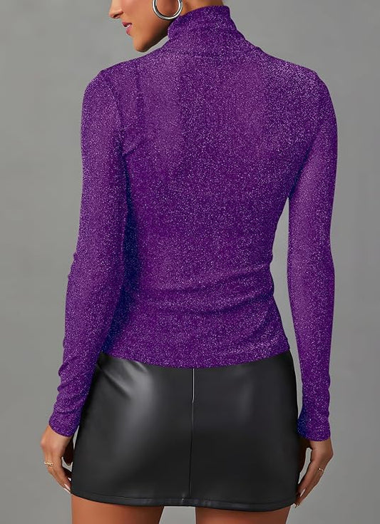 AISEW Womens Mesh Sheer Long Sleeve Glitter Tops Sexy See Through Sparkly Shirts Turtleneck Layering Top Shirt (Purple, L) (Clearance)