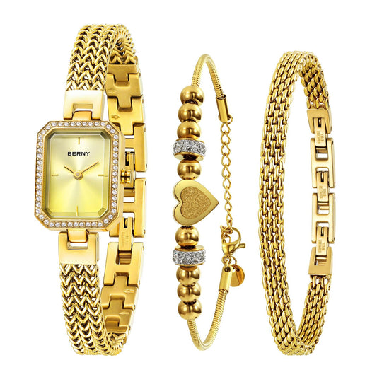 BERNY Silver Watches for Women Ladies Wrist Watch and Bracelet Set Dainty Quartz Bracelet Watch Premium Crystal Accented Fashion Luxury Birthday Present for Women