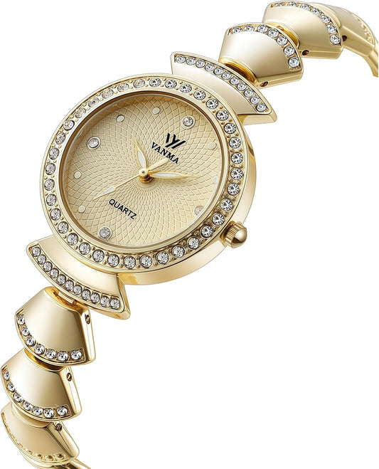 1080P Gold Watch for Women Small Round Face - Adjustable Rhinestone Chain Bracelet Watch Waterproof Ladies Quartz Wristwatch
