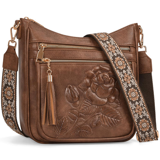 Crossbody Bags for Women, Vegan Leather Crossbody Purse, Multiple Pocket Daily Travel Shoulder Bag with Boho Strap