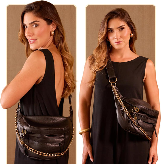 Anti Pickpocket Crossbody Bag – Large Vegan Black Leather Sling Bag with RFID & Glasses Pockets, Anti Theft Design, Multiple Compartments, Chain Detail Travel Crossbody Bag for Women