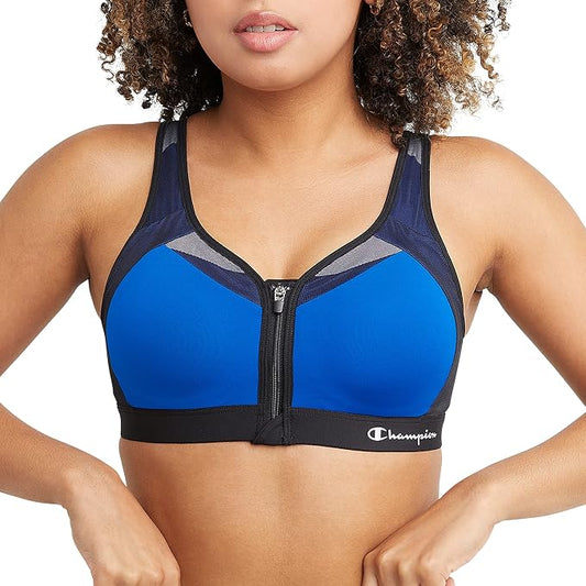 Champion Women's Sports Bra, Motion Control Front-Zip, High-Impact Maximum Support, Breathable, Moisture-Wicking, Surf The Web, 38D (Clearance)