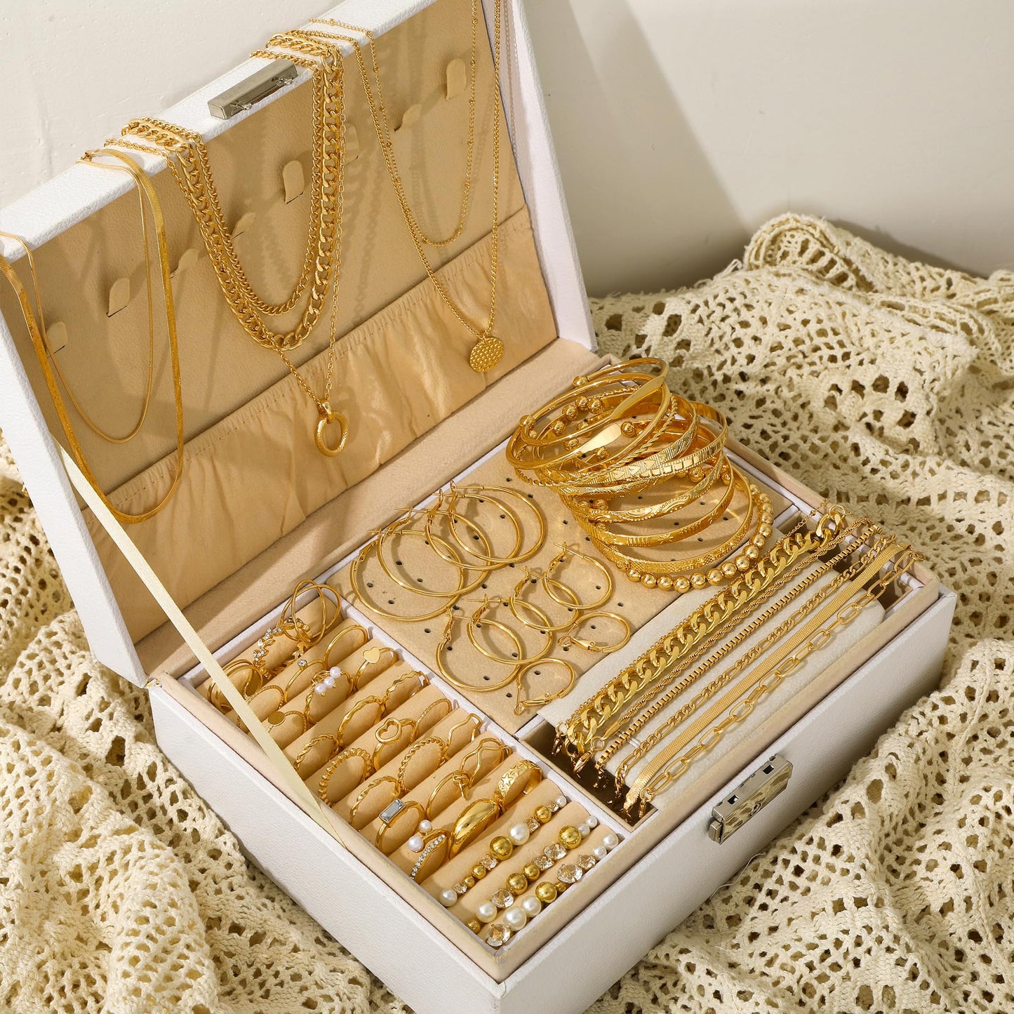 Jewelry 68 Pcs Gold Jewelry Set for Women with 7 Necklace, 17 Bracelet, 5 Hoop Earrings, 15 Stud Earrings, 24 Knuckle Rings for Women Jewelry Set for Women Gift