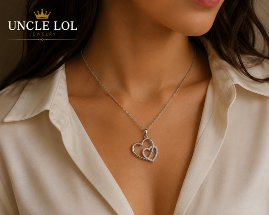 925 Sterling Silver Double Heart Pendant Necklace – Elegant Love Necklace for Women
