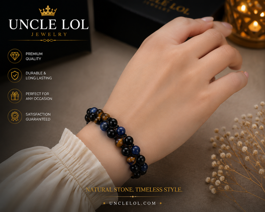 Triple-Layer Natural Stone Beaded Bracelet – Tiger Eye, Blue Tiger Eye & Black Onyx | Adjustable Unisex Bracelet