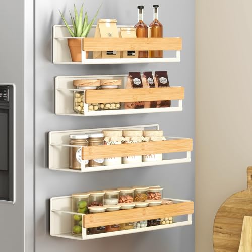 SONGMICS Strong Magnetic 4 Pack Bamboo Spice Rack for Refrigerator, Kitchen Magnetic Shelves for Washing Machine, Spice Organizers, No Drilling Needed