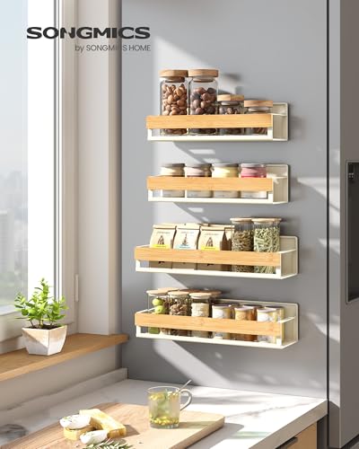 SONGMICS Strong Magnetic 4 Pack Bamboo Spice Rack for Refrigerator, Kitchen Magnetic Shelves for Washing Machine, Spice Organizers, No Drilling Needed