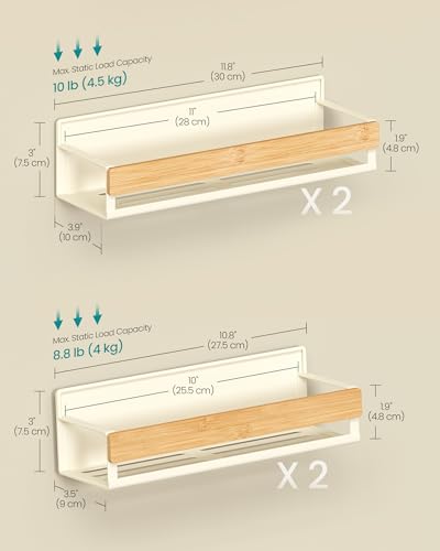 SONGMICS Strong Magnetic 4 Pack Bamboo Spice Rack for Refrigerator, Kitchen Magnetic Shelves for Washing Machine, Spice Organizers, No Drilling Needed