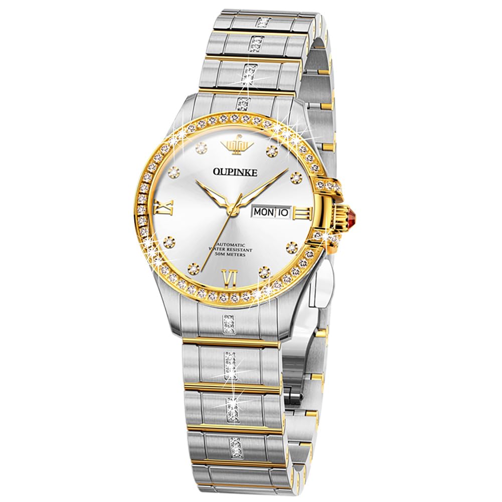 OUPINKE Women Automatic Watches Luxury Diamond Flywheel Two-Tone Stainless Tungsten Steel Band Moon Phase 24 Hours