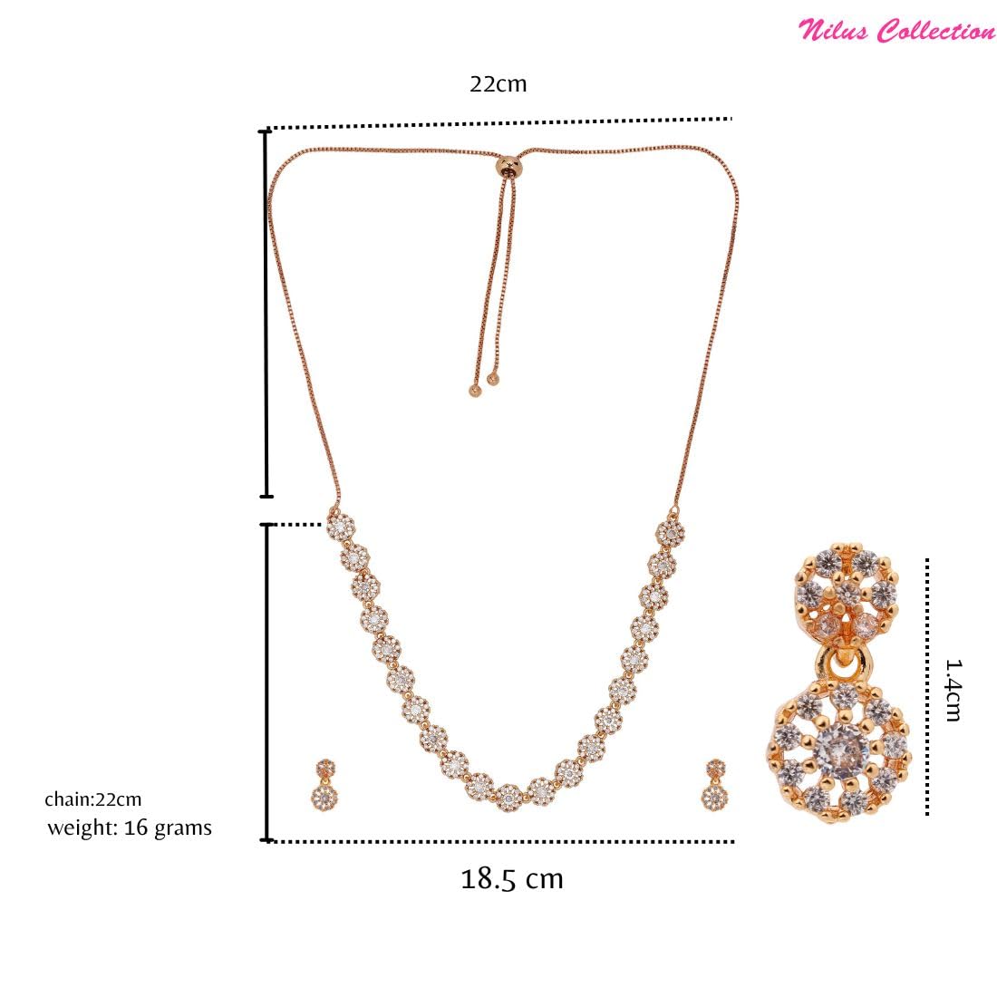 Nilu's Collection American Diamond Stone Studded | Rose Gold/Silver Plated | Anti Tarnish Jewellery Set for Women | Matching Earrings Perfect for Weddings and Special Occasions