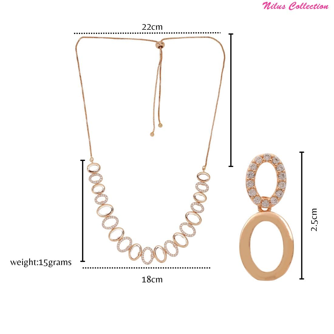 Nilu's Collection American Diamond Stone Studded | Rose Gold/Silver Plated | Anti Tarnish Jewellery Set for Women | Matching Earrings Perfect for Weddings and Special Occasions